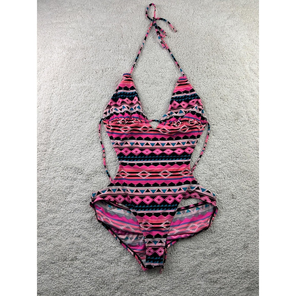 Op One Piece Swimsuit Womens Large 11-13 Pink Aztec Print Monokini Halter Cutout